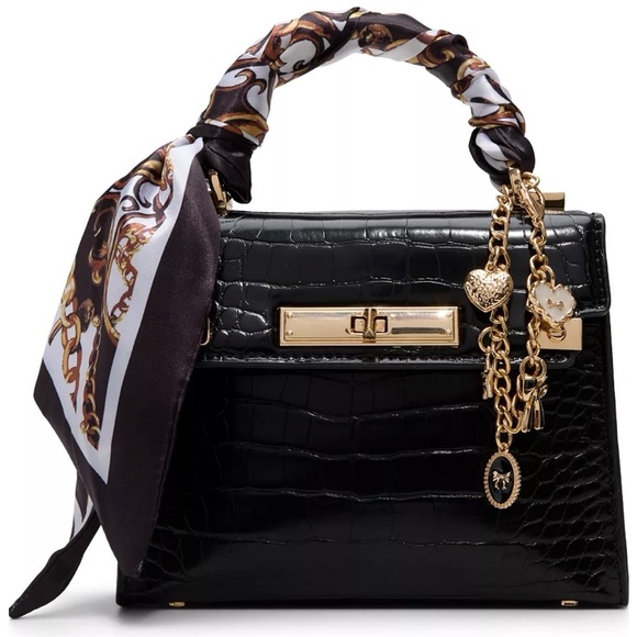 NWT ALDO LARIGODIAA Black Chain Satchel Crossbody with Scarf - Picture 2 of 9